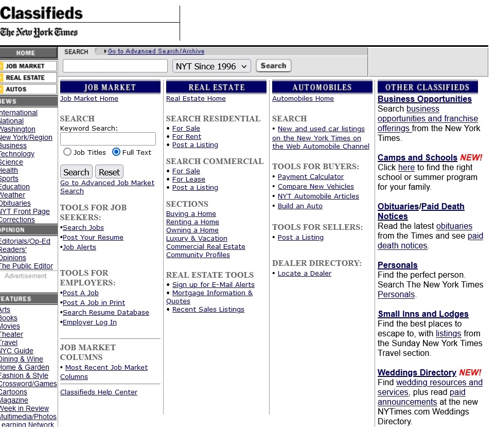 New York Times classified start page